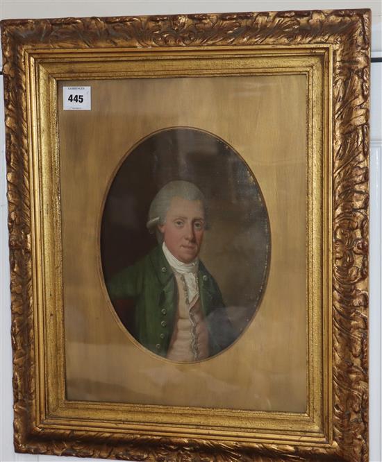 English School (late 18th century) Head and shoulder portrait of a gentleman wearing a powdered wig 12.25 x 9.25in.